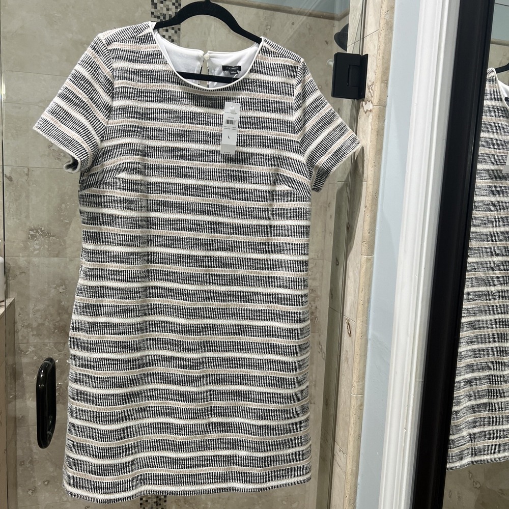 Ann Taylor Tan  Black Striped Short Sleeve Crew Neck Pocket Terry Shift Dress L